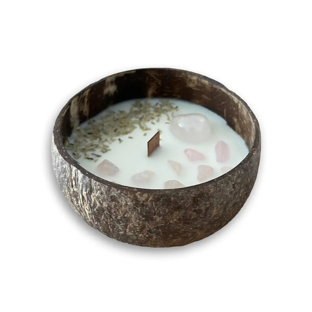 Versierde kokosnoot geurkaars XL - Rozemarijn  - Rozenkwarts